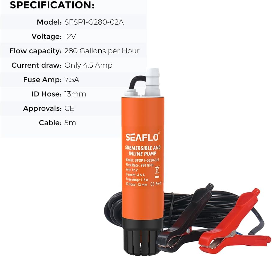 280GPH 12V Boat Caravan Inline Water Pump Submersible and Inline Water Transfer Pump with 5M Cabel(12V-280Gph) image number 2