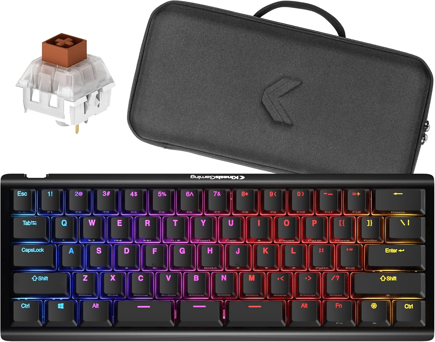 KINESIS Gaming TKO Mechanical Keyboard | Tactile Brown Switches | 60% Layout | Split Spacebar | Hotswap | PBT Keycaps | Aluminum Body | SF Shock Limited Edition Travel Case