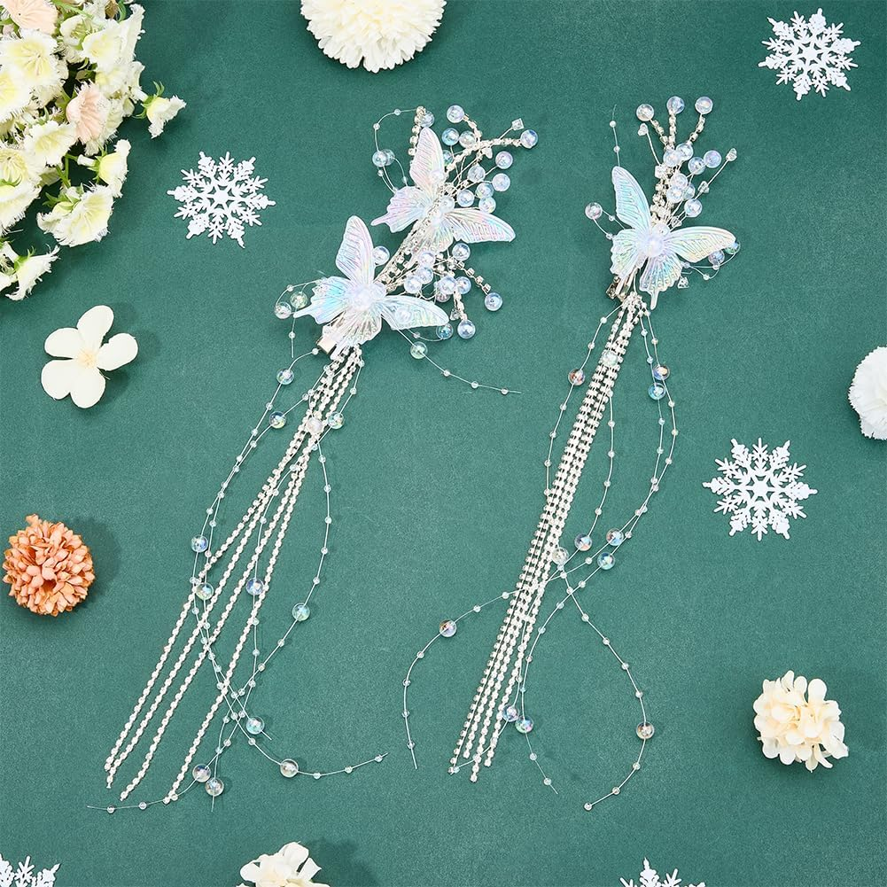 CABODYALS Set of 2 Butterfly Tassels Hair Clips with White Pearls Rhinestone Crystal Beads Decorative Hair Pins for Weddings Hair Clips Jewellery Set for Women Bridal Shower Wedding Dresses Cosplay image number 4