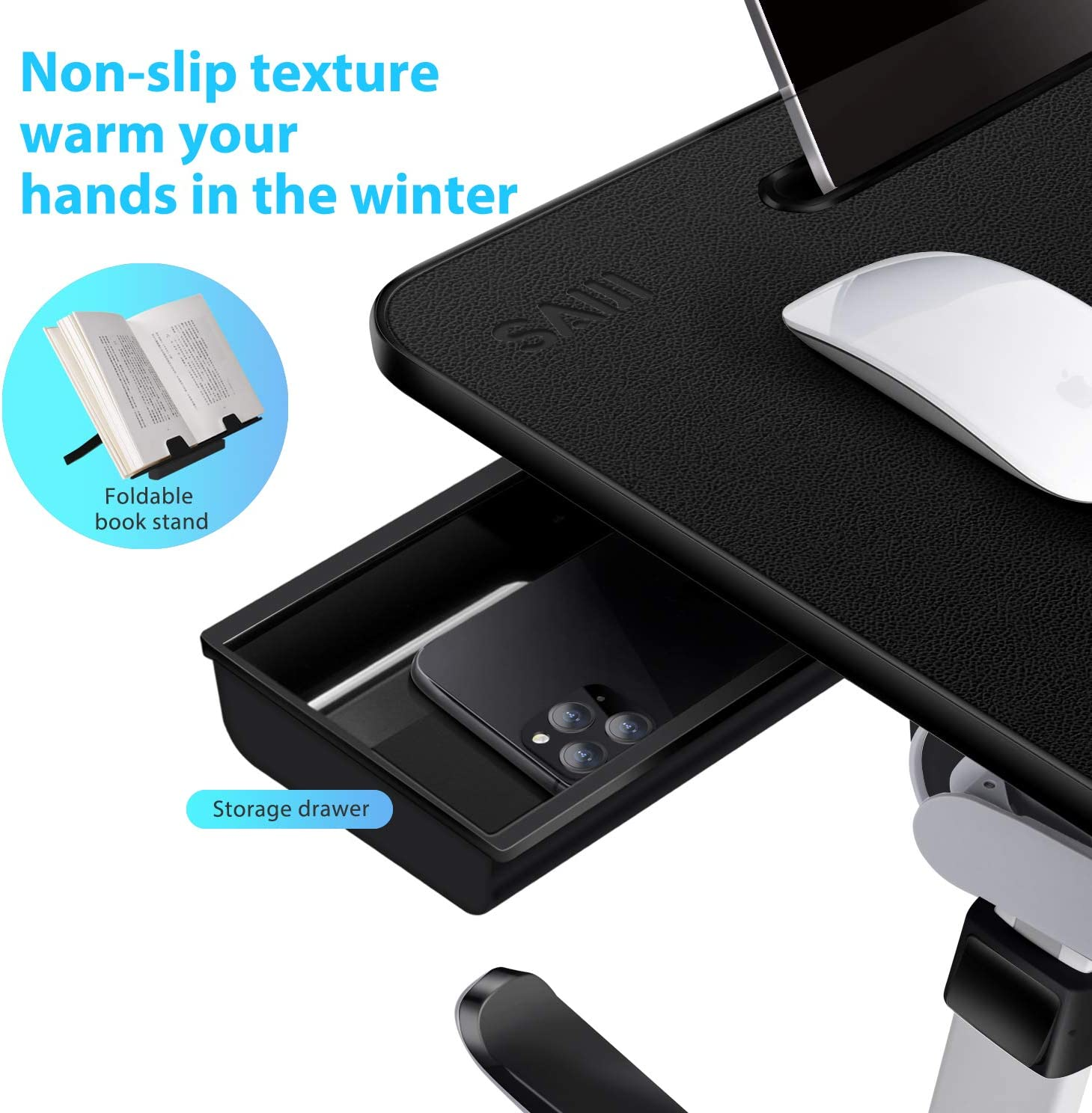 Laptop Bed Tray Desk, SAIJI X-Large Adjustable Laptop Table, Foldable Laptop Desk with Storage Drawer and Bookstand for Eating, Working, Writing, Gaming, Drawing (Black) image number 3