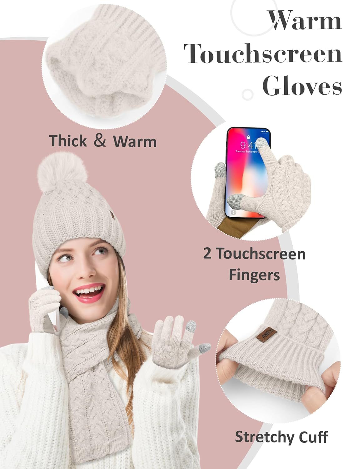 Aneco Women Winter Touchscreen Gloves Scarf Beanie Hat with Pom Pom Fleece Lined Set Thick Warm Knit Cap 3-In-1 Set