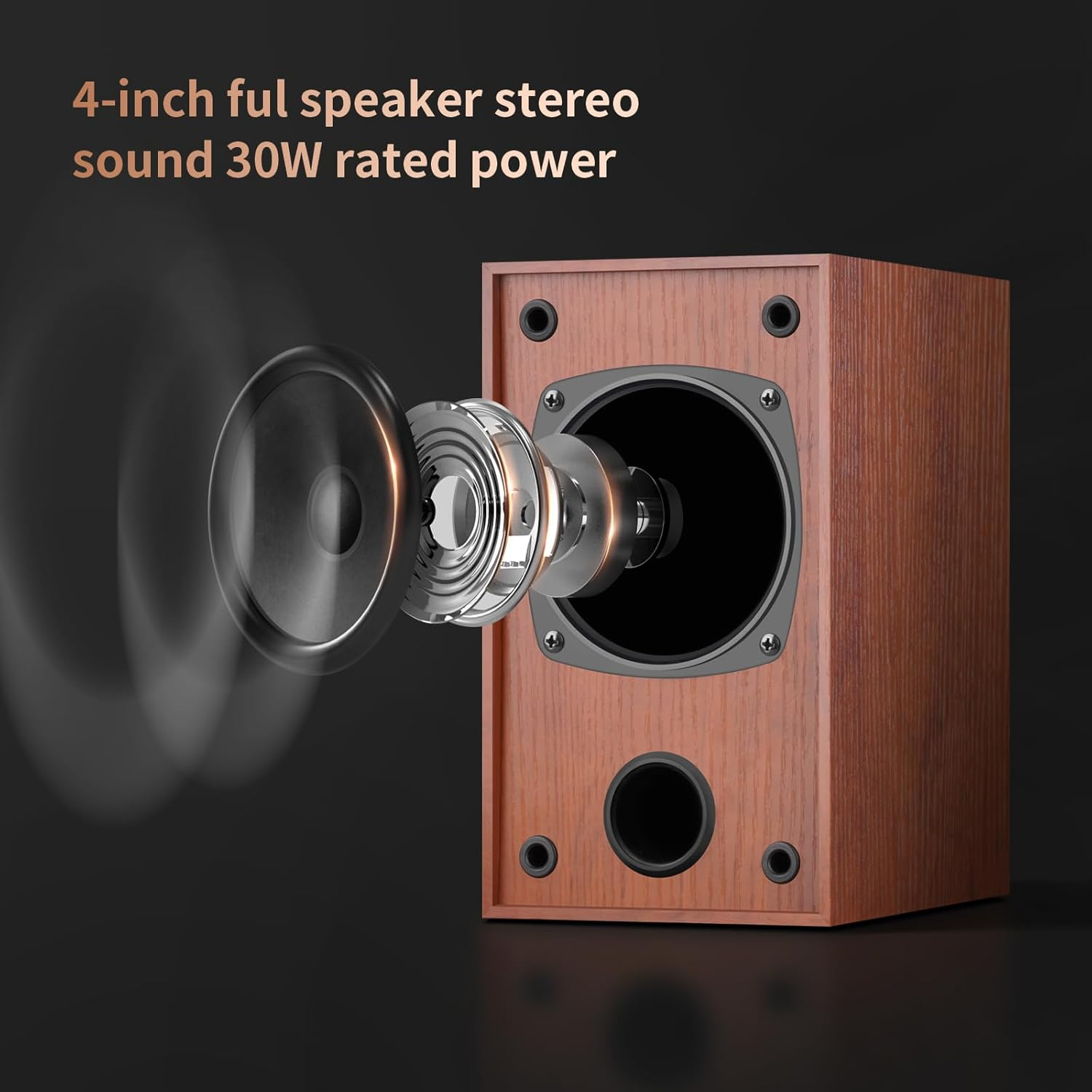 WMQ Passive Bookshelf Speakers Pair,30W *2 ，Stereo Hi-Fi Speakers with 4" Full-Range Driver & Built-In Wall-Mount, MDF Wood Enclosure,Ideal for Turntable, Needs Amplifier/Receiver (Wood Grain Color) - Wood Grain Color image number 6