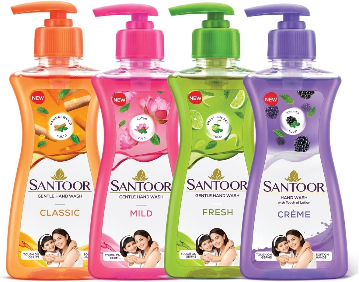 Santoor Cr&egrave;me Handwash 200Ml, Pack of 4 with Touch of Lotion| Made with Berries & Tulsi| Rich Lathering Formula with Anti-Bacterial Properties| Soft on Hands| Soothes & Hydrates Skin image number 2