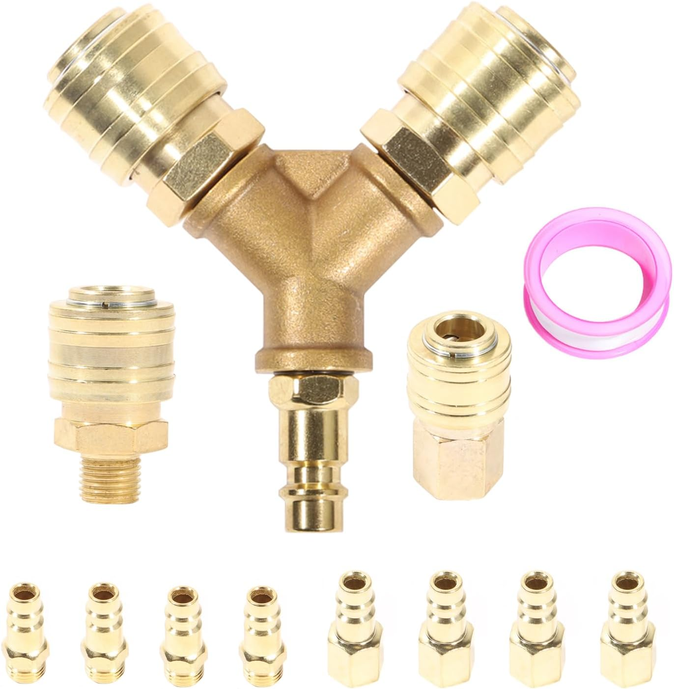 Aikoolwer Compressed Air Distributor Coupling 2-Way 1/4 Inch Brass Air Hose Quick with Male Thread Nipple image number 1