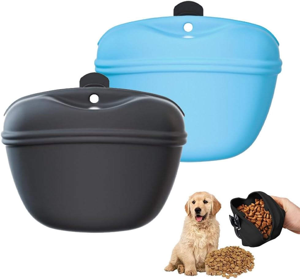 2PCS Dog Treat Pouch,Silicone Pet Feeding Bag Pouch Portable Dog Treat Bags with Puppy Reward Training Pouch with Magnetic Closing and Waist Clip for Belt for Dog Walks (Black+Sky Blue)