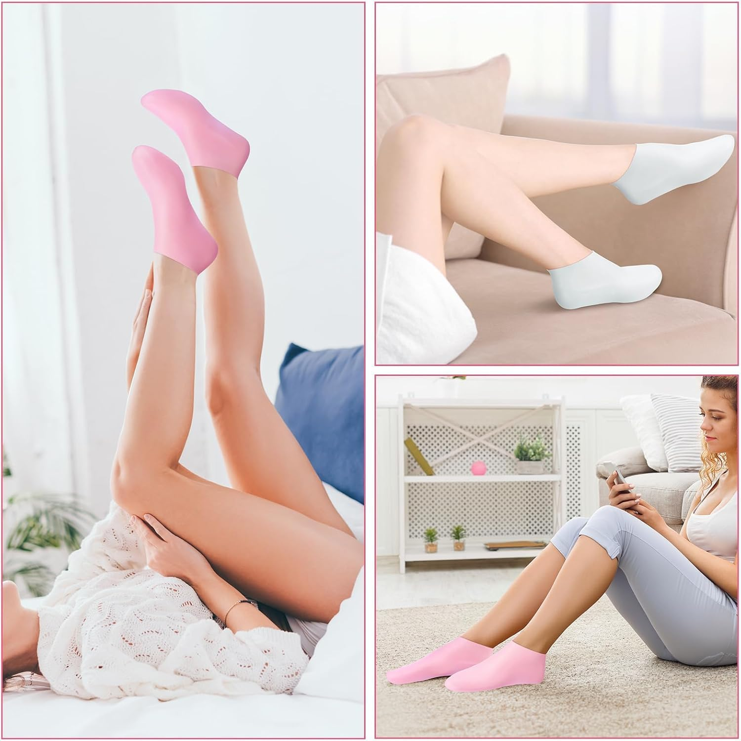 2 Pairs Thickened Silicone Socks for Women,Silicone Moisturizing Socks for Dry Cracked Feet,Foot Spa Socks for Cracked Heels,Softening Rough Skin and after Pedicure Care (White，Pink, One Size) image number 2