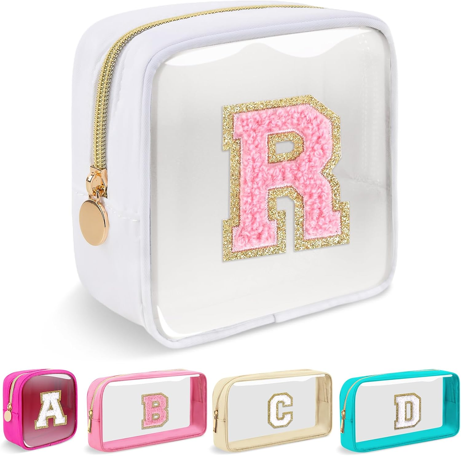 Mini Clear Personalized Initial Makeup Bag, Nylon Preppy A-Z Chenille Letter Patch Zipper Cosmetic Bag, Small Cute Pouch Travel Coin Purse Toiletry Bag, Mini-Hotpink, F