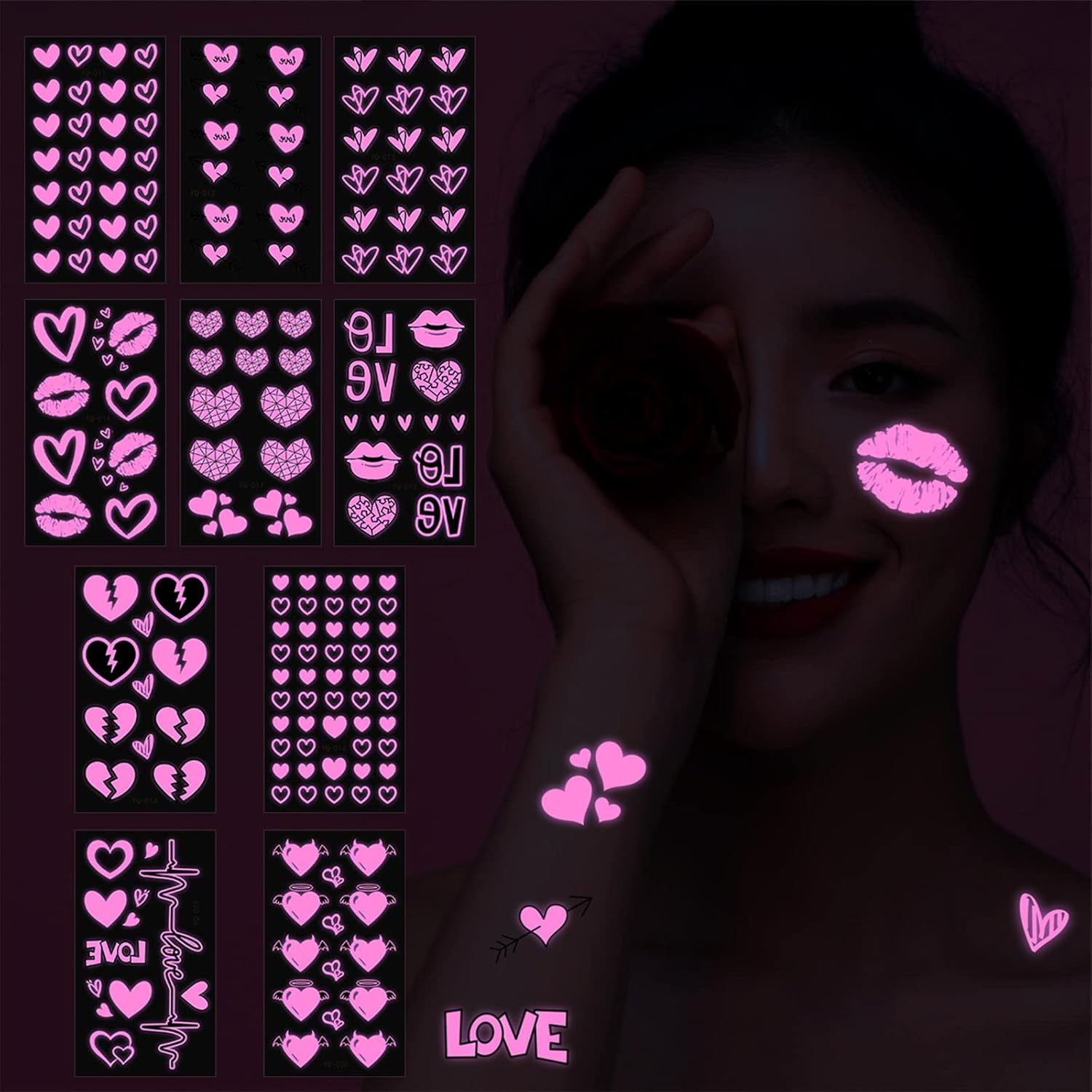 Maripabon UV Neon Temporary Tattoos 170 Pieces Pink Heart Shaped Shimmer Designs Love Glow in the Dark Tattoos Stickers Flash Fake Waterproof Tattoos for Women Men Body Face Art