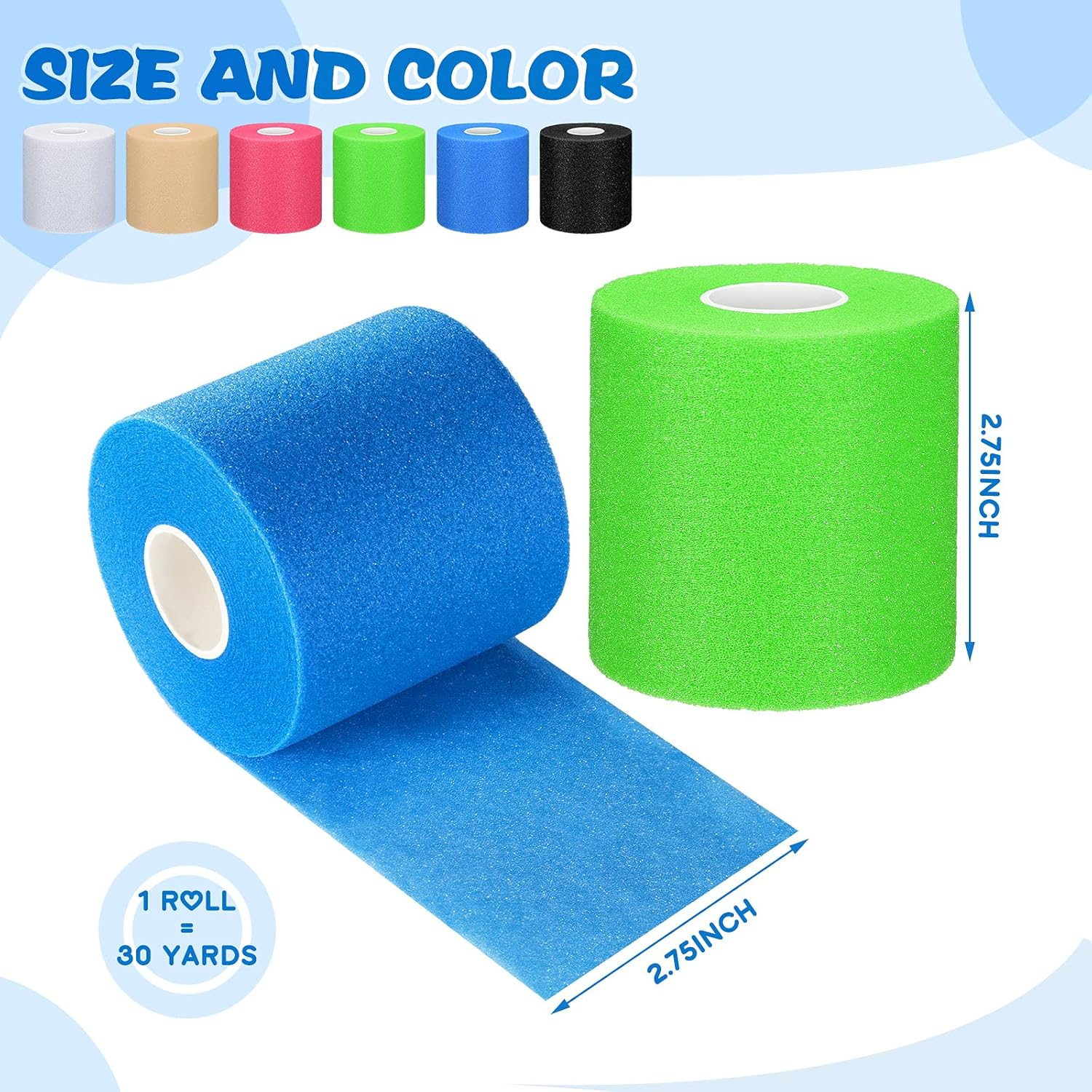 6 Pieces Foam Underwrap Athletic Foam Tape Sports Pre Wrap Athletic Tape Sports Tape for Ankles Wrists Hands and Knees, 2.75 X 30 Yards (Wheat, White, Blue, Green, Pink, Black) image number 4