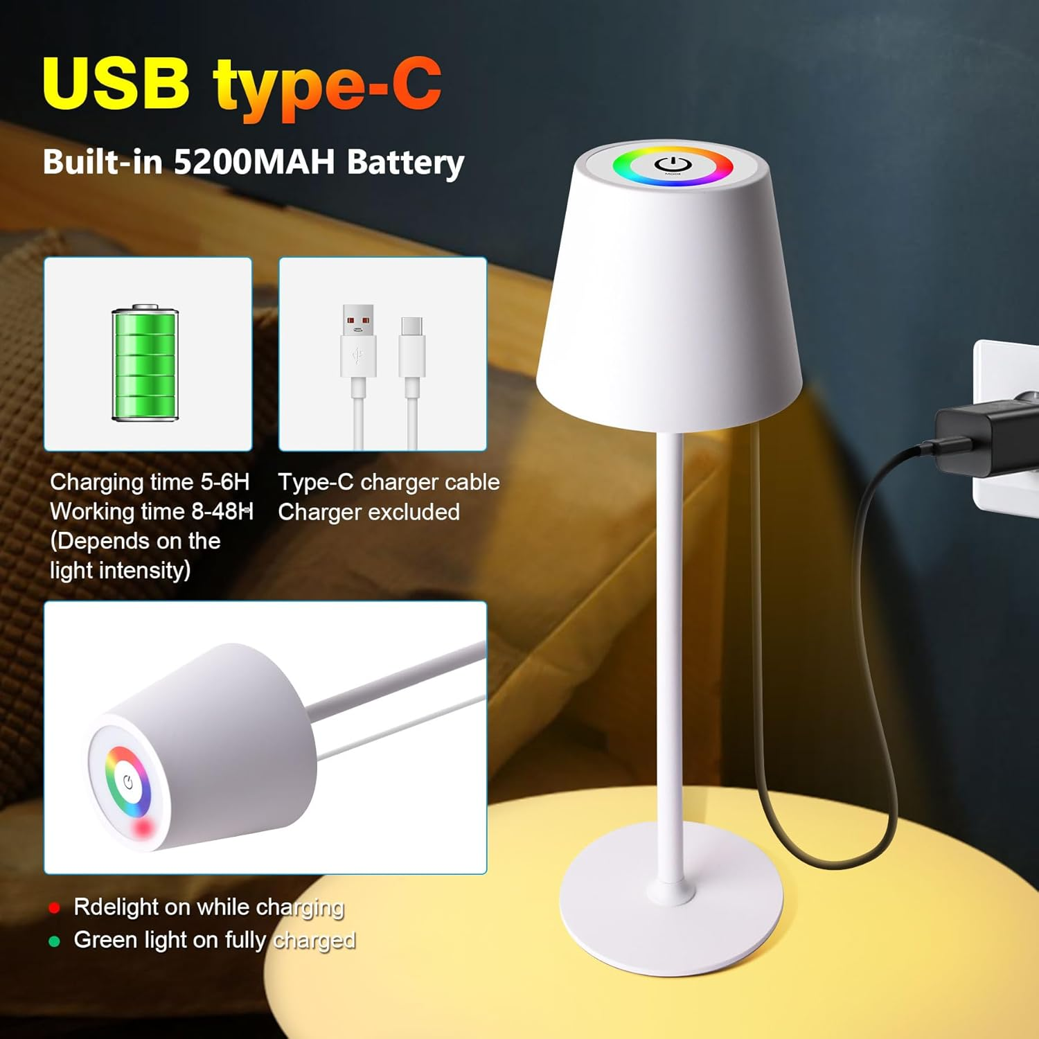 Jueholla Pack of 2 LED Table Lamps, RGB Dimmable LED Battery Table Lamp Wireless, with 5200 Mah Battery, Rechargeable Table Lamp with USB, IP54 Waterproof for Indoor Outdoor Bedroom Bar White image number 2