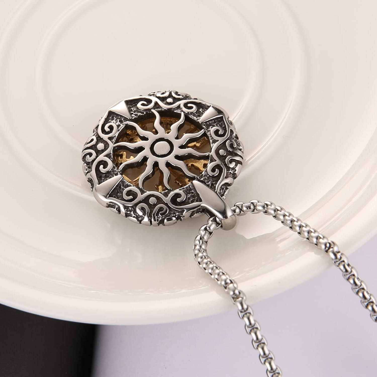 HZMAN Viking Vegvisir Norse Compass Stainless Steel Necklace Double-Sided Hollow Engraving Sun Totem Pendant Norse Amulet Jewelry - Silver Gold image number 4