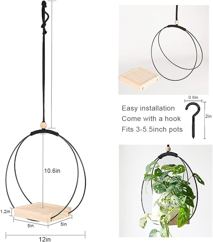 Hanging Planter with Wood Base, Modern Macrame Plant Hanger for Indoor Outdoor Wall Ceiling Window Boho Home Decoration, Black(Planter/Plants Not Included) image number 5