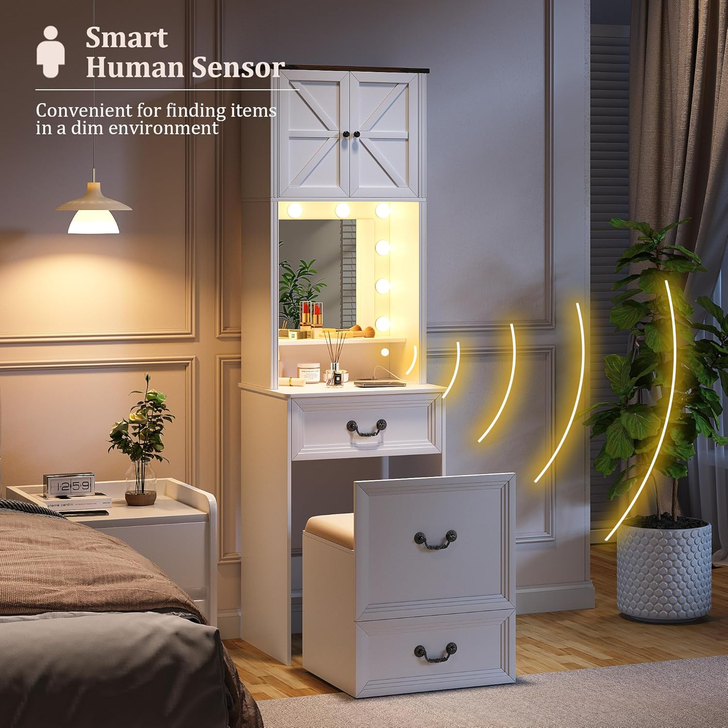 Dystler Vanity Desk with Mirror and Lights, Compact Makeup Table W/Storage Drawers & Shelves, Farmhouse Vanity Table with Hidden Chair for Bedroom, White Dressing Table for Women/Lady image number 3