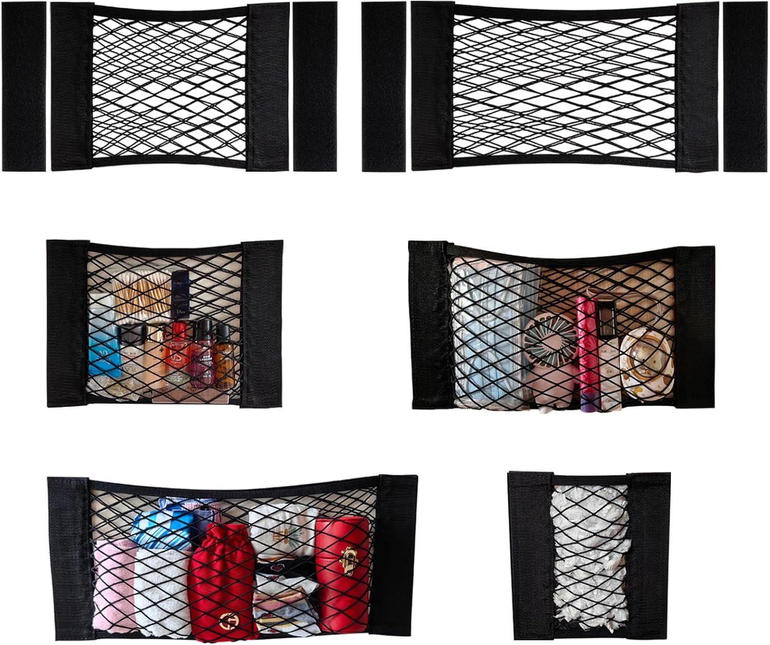 XIWUMOER 4Pack Automotive Cargo Net Car Storage Wall Sticker Organizer Pouch Bag Elastic Mesh Pocket with Tape Stickers for Trunk Organizer Holder for Cabinet Organize 4PCS (Same Size)