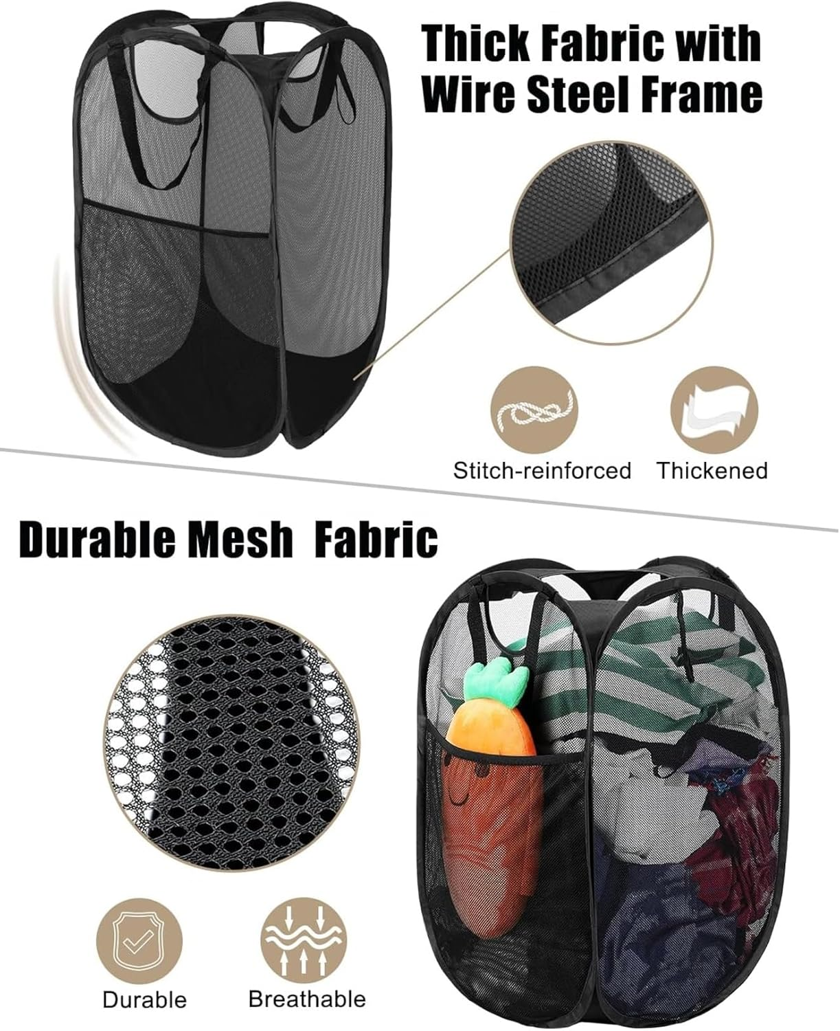 Str-Reinforced Mesh Pop-Up Laundry Hamper-Quality Laundry Basket with Handles Solid Bottom High Carbon Steel Frame, Easy to Open and Fold Flat for Storage, College Dorm or Travel image number 1