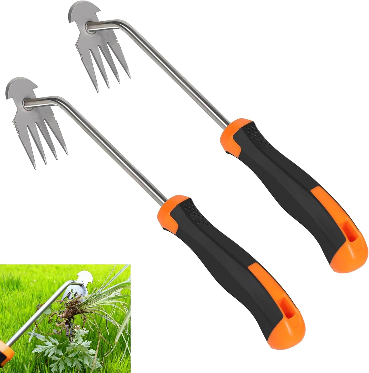 2Pcs Weed Puller Tool, 4-Tooth Manganese Steel Manual Weeder Gardening Tools for Women and Man Hand Weeding Tools Weed Remover Tool Gardening Essentials for Gardening Backyard Farm Planting Weeding