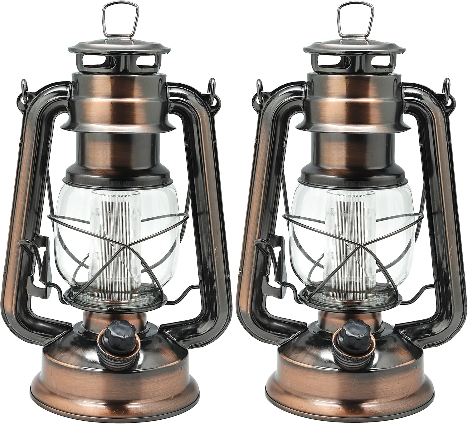 Yakii LED Vintage Lantern Metal Hanging Hurricane Lantern 12 LED Dimmer Switch Cold White Battery Operated Lantern Power Outage Indoor Camping Lighting Outdoor Brooklyn Lantern (Copper 2 Pack)