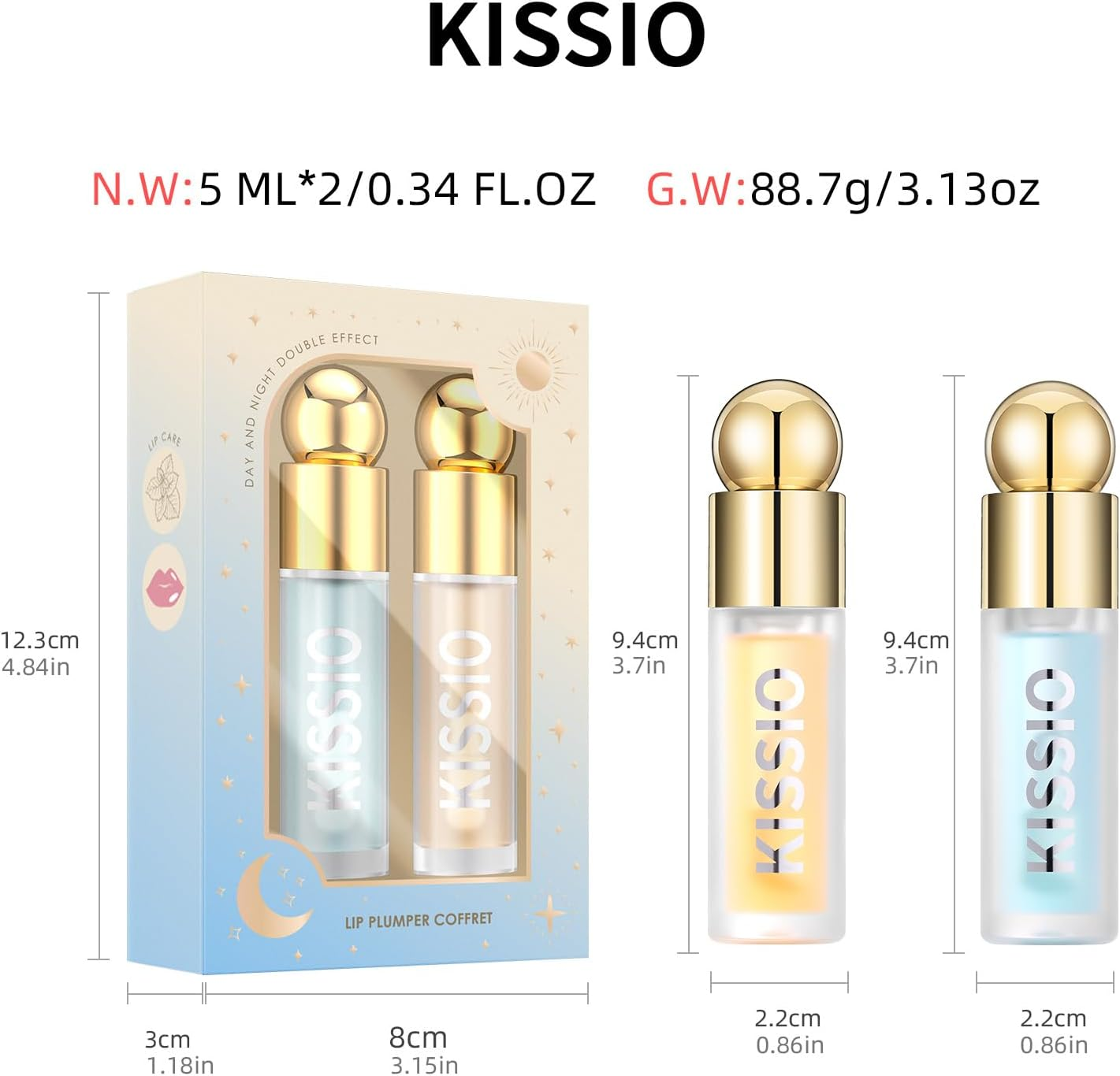 KISSIO Plumping Lip Gloss,Plumping,Moisturize and Elasticity,Lip Plumper and Lip Care for Day and Night Use,With Ginger,Peppermint and Jojoba Oil,Clear,10 Ml