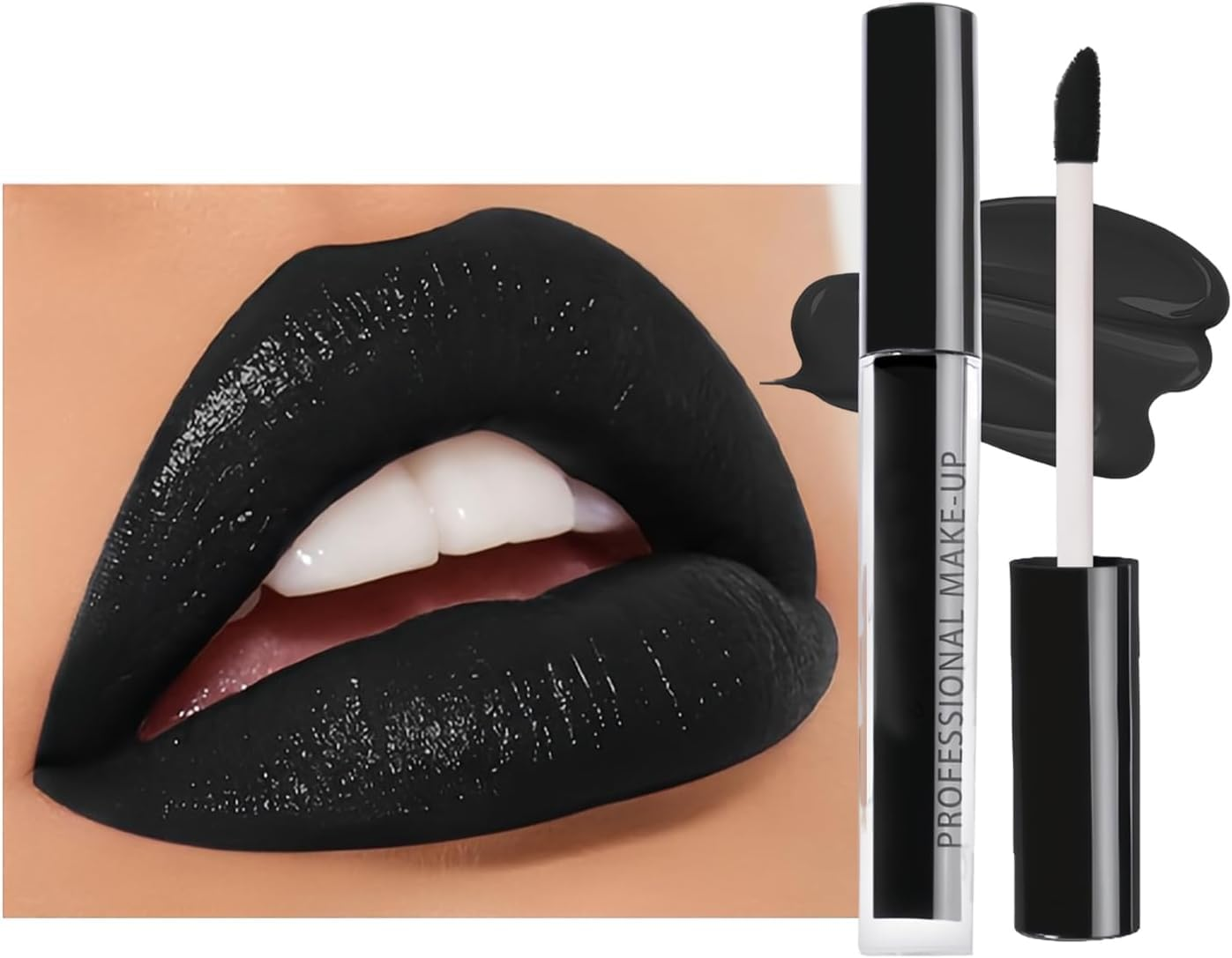 Halloween Matte Liquid Lipstick Tube, Waterproof Lip Gloss High Pigmented Matte Velvety Creamy Lipstick, Smudge Proof & Non-Stick Lip Stain, Bold Goth Face Paint (Black, M)