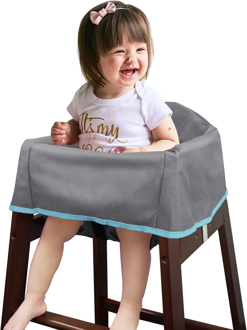 Dual-Belt Baby High Chair Cover, Upgrade Version, for Wooden or Restaurant High Chair, Sturdy and Robust Material, Waterproof Washable Stain and Slip Resistant, Gray