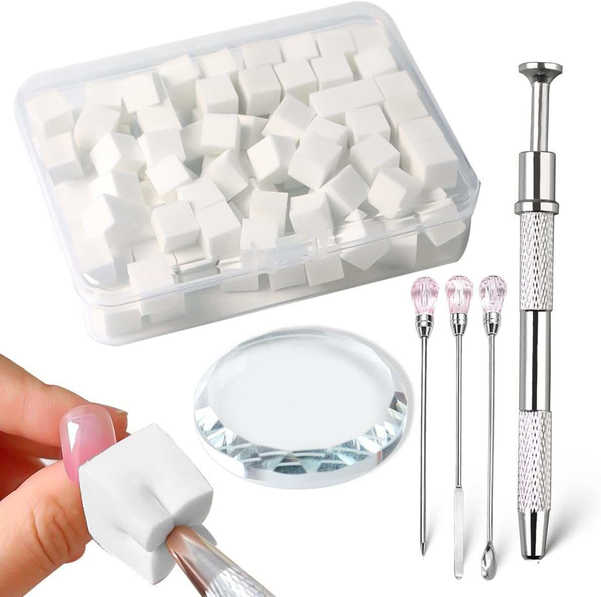 SUTOZMIWE Nail Art Sponge with 100Pcs/Box, Soft Sponges Pen Holder, Gradient Effect Gel Painting Brush, round Glass Palette, Stick Mixing Blooming Nails, Aura Nail, S image number 3