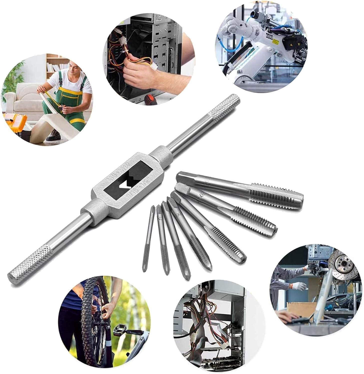 KEWAYO 8Pcs Metric Thread Tap Set, Tap Machine Hand Screw Thread Taps Set with M3-M12 Taps and Adjustable Wrench 1/16"-1/2", for Woodworking and Machinery Repair image number 2