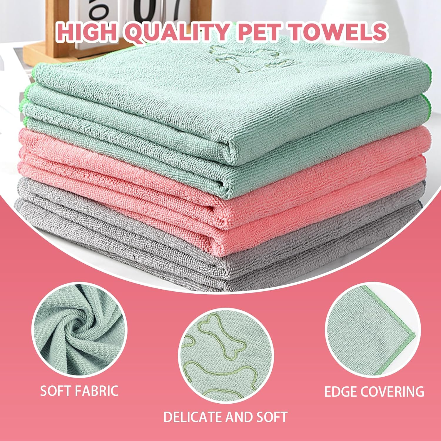 Quick Dry Dog Bath Towel Set of 3 Soft Absorbent Microfiber Pet Towels for Cats and Dogs Pink Grey Green Gentle Drying for Home and Outdoor Use