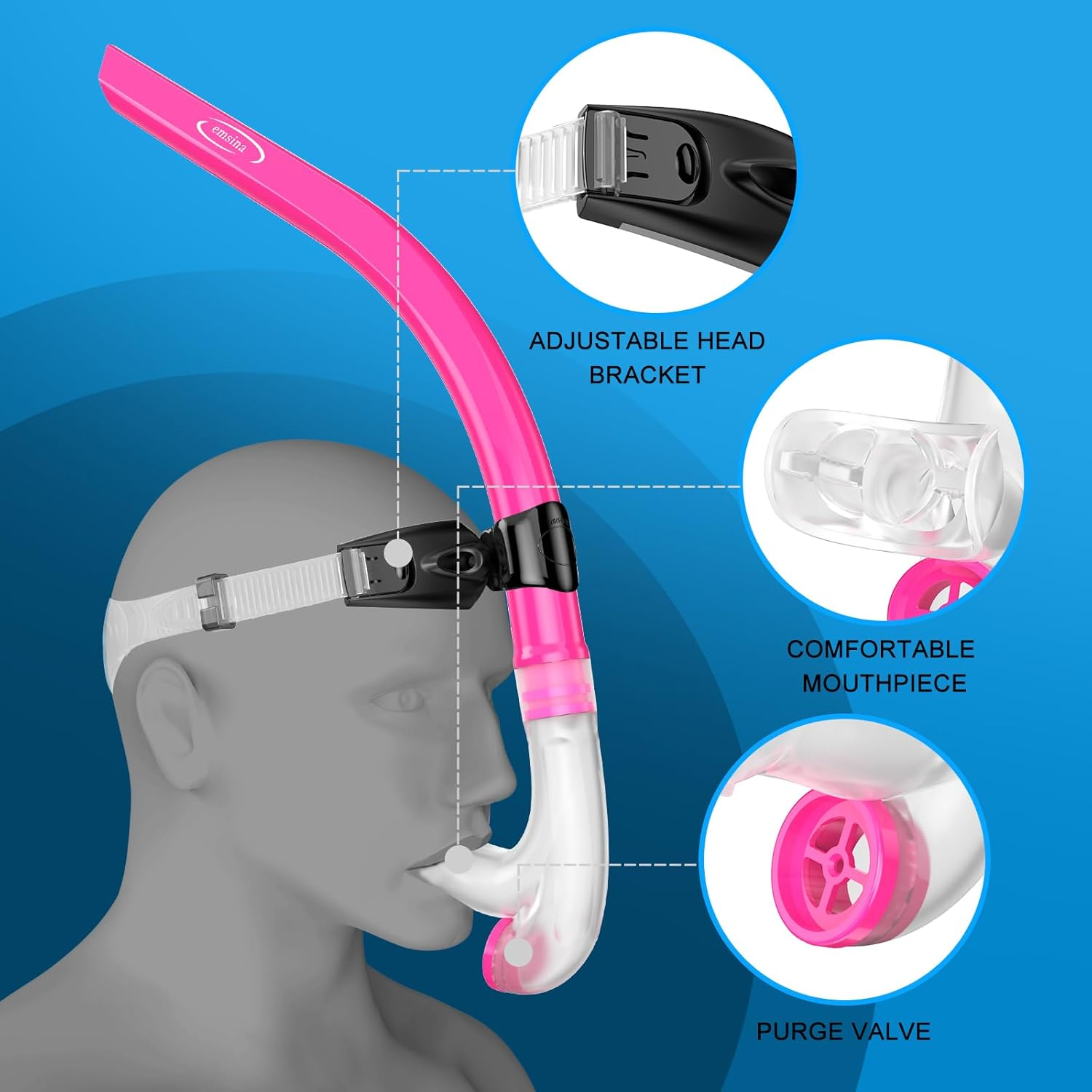EMSINA Swim Snorkel for Adults, Lap Swimming and Training Snorkel,Unisex Adult/Kid/Youth, One-Way Purge Valve image number 4