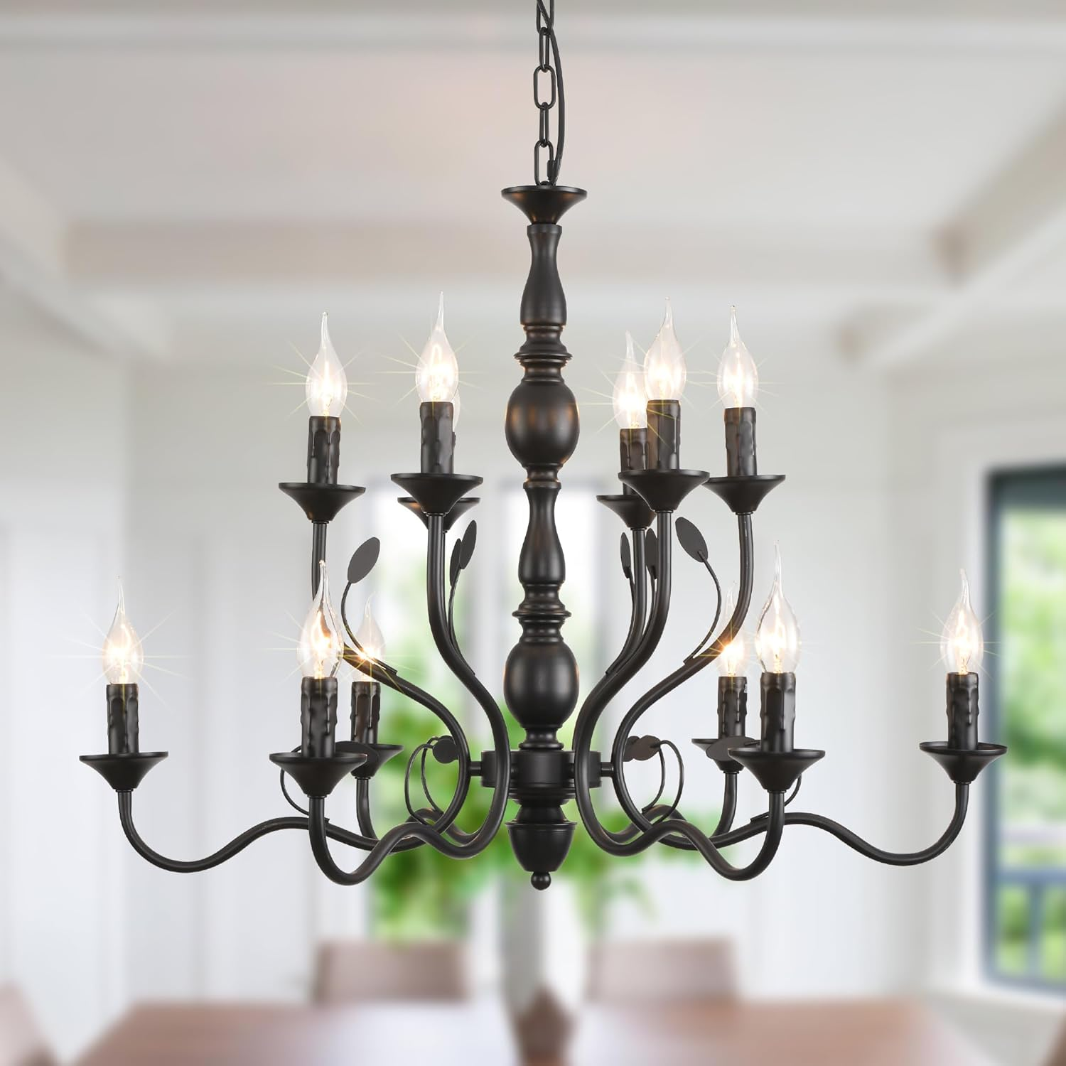 Ganeed 6-Light Farmhouse Chandeliers, Black Classic Candle Ceiling Pendant Light Fixture, Rustic Ceiling Chandelier for Kitchen Island, Foyer, Living Room, Dining Room - E14