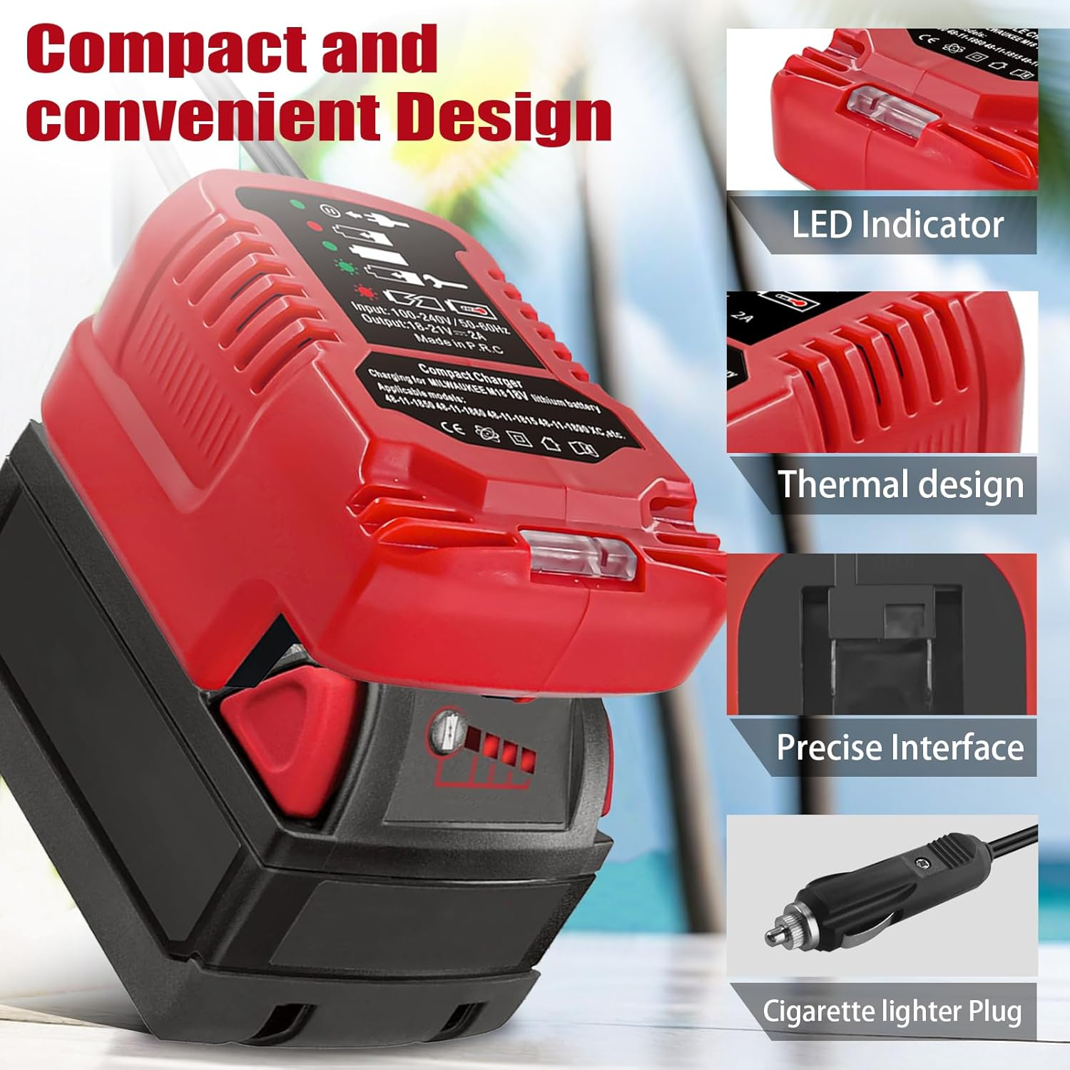 For Milwaukee 18V Charger,Car Charger,Compaitble with Milwaukee M18 Lithium Ion Vehicle Charger,Battery Charger for Battery 18V C18B, C18BX, M18B, M18B2, M18B4, M18BX Battery image number 3