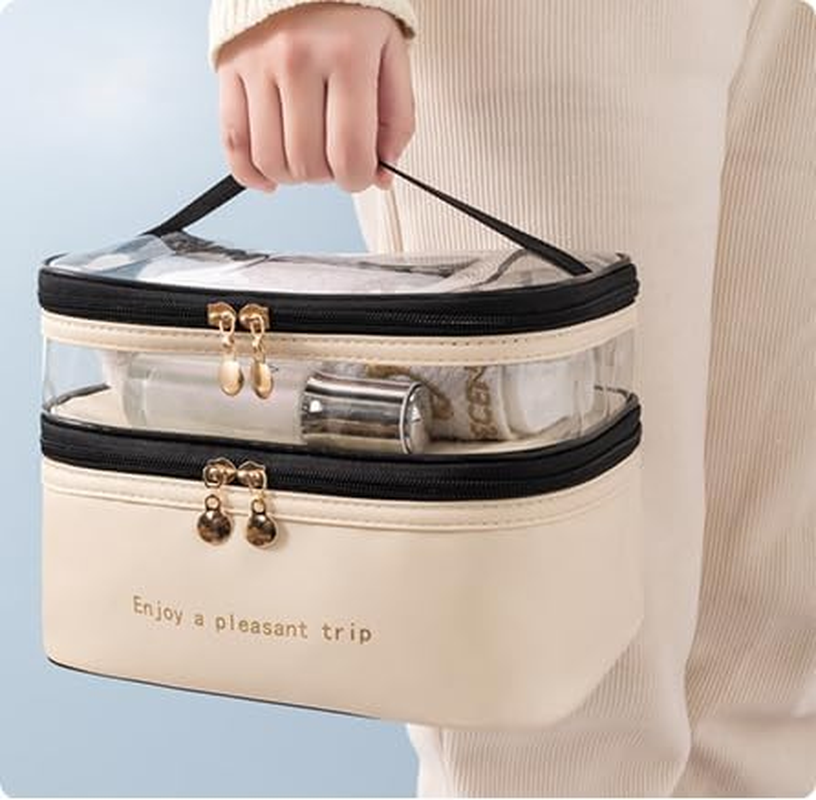 Travel Cosmetics Bag Waterproof Large Capacity - Makeup Toiletry Organiser with Double Zipper, Portable Washable Cosmetic Case for Women Men, Fashion Travel Accessories Storage Pouch (Cream) image number 5