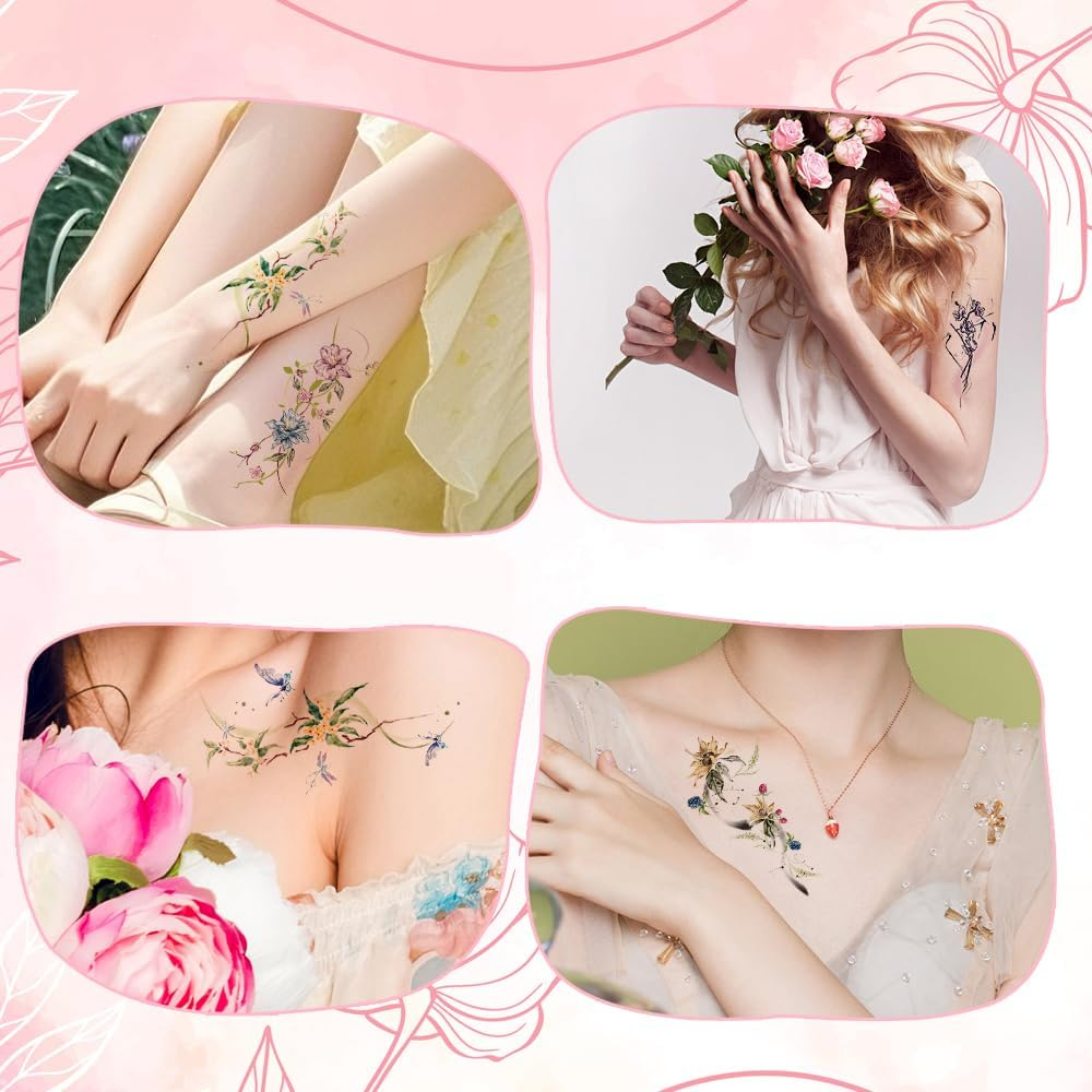 10 Sheets Temporary Flower Tattoos Waterproof Abstract Flowers Birds Butterflies Animal Face Tattoos Gems Face Tattoos for Women Girls Kids Parties image number 4