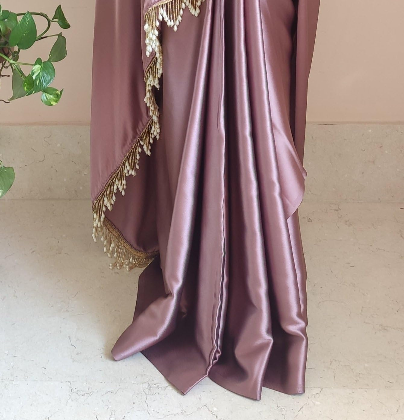 SATAZ Women'S Ready to Wear Rose Gold Satin Silk Pre Pleated Saree with Unstitched Blouse, Free Size
