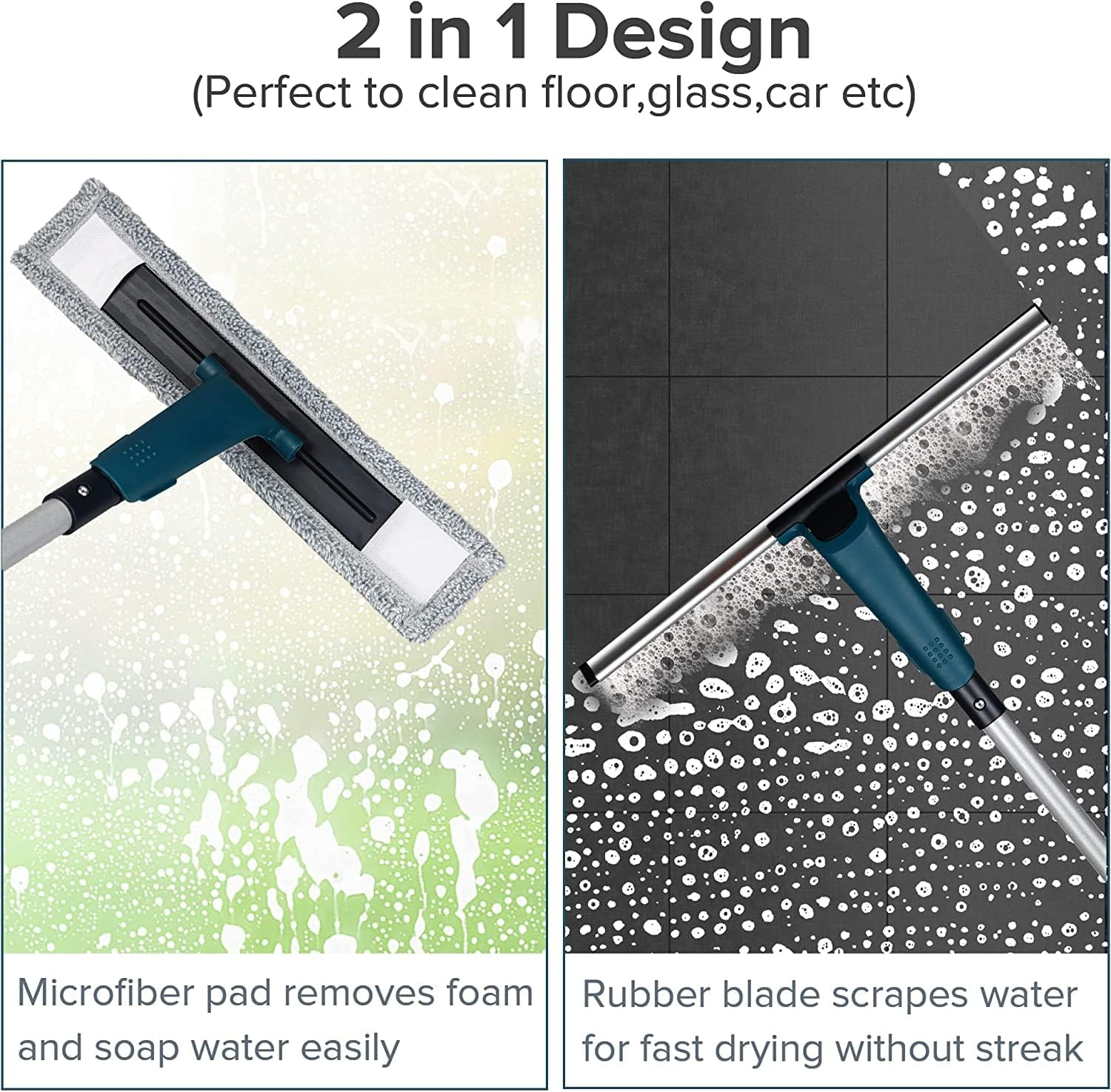 JEHONN Window Shower Squeegee for Glass Door with 152 Cm Long Handle, Professional Floor Squeegee Mop for Cleaning Garage Tile Concrete Mirror Windshield Bathroom Car Home image number 6