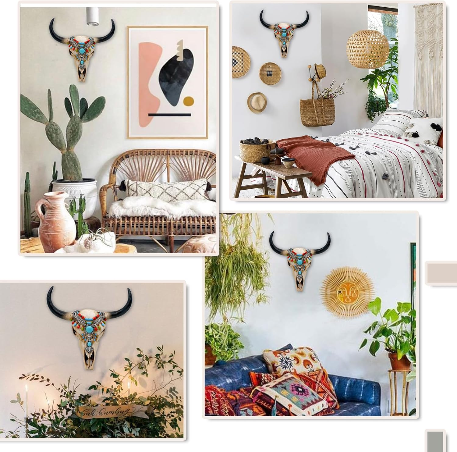 Southwest Cow Skull Wall Decor - Rustic Tribal Bull Skull Head with Turquoise Stone 3D Resin Long Horn Faux Bison Steer Buffalo Wall Hanging for Home Office Room Wall Art Wall Ornament image number 6