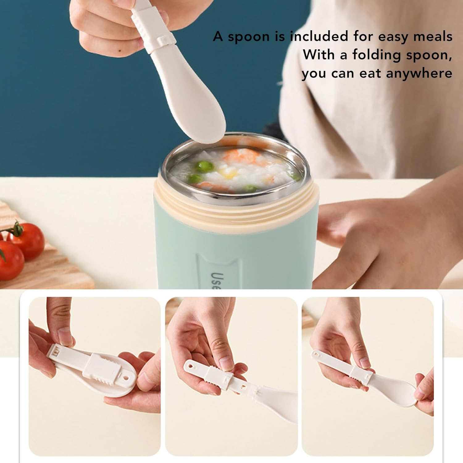 Insulated Food Jar, 600Ml Stainless Steel Soup Thermo Leakproof Insulated Food Container Portable Vacuum Insulated Kids Food Jar with Folding Spoon for School Office Picnic image number 3