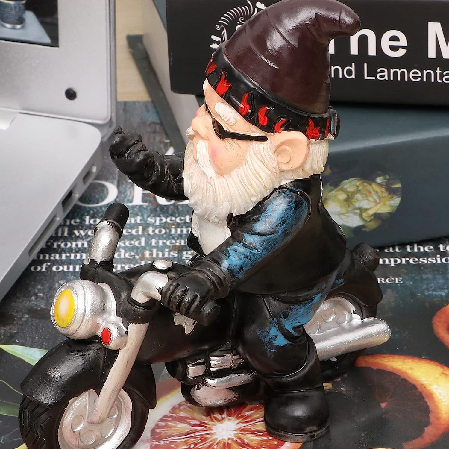 Garden Statues Outdoor, ALLOMN Dwarf Ornament Decorative, Gnome Figurine Resin Garden Statue Waterproof Art Ornament Funny Interesting Garden Decor Sculpture Dwarf Ride Motorbike for Garden Patio Lawn image number 4