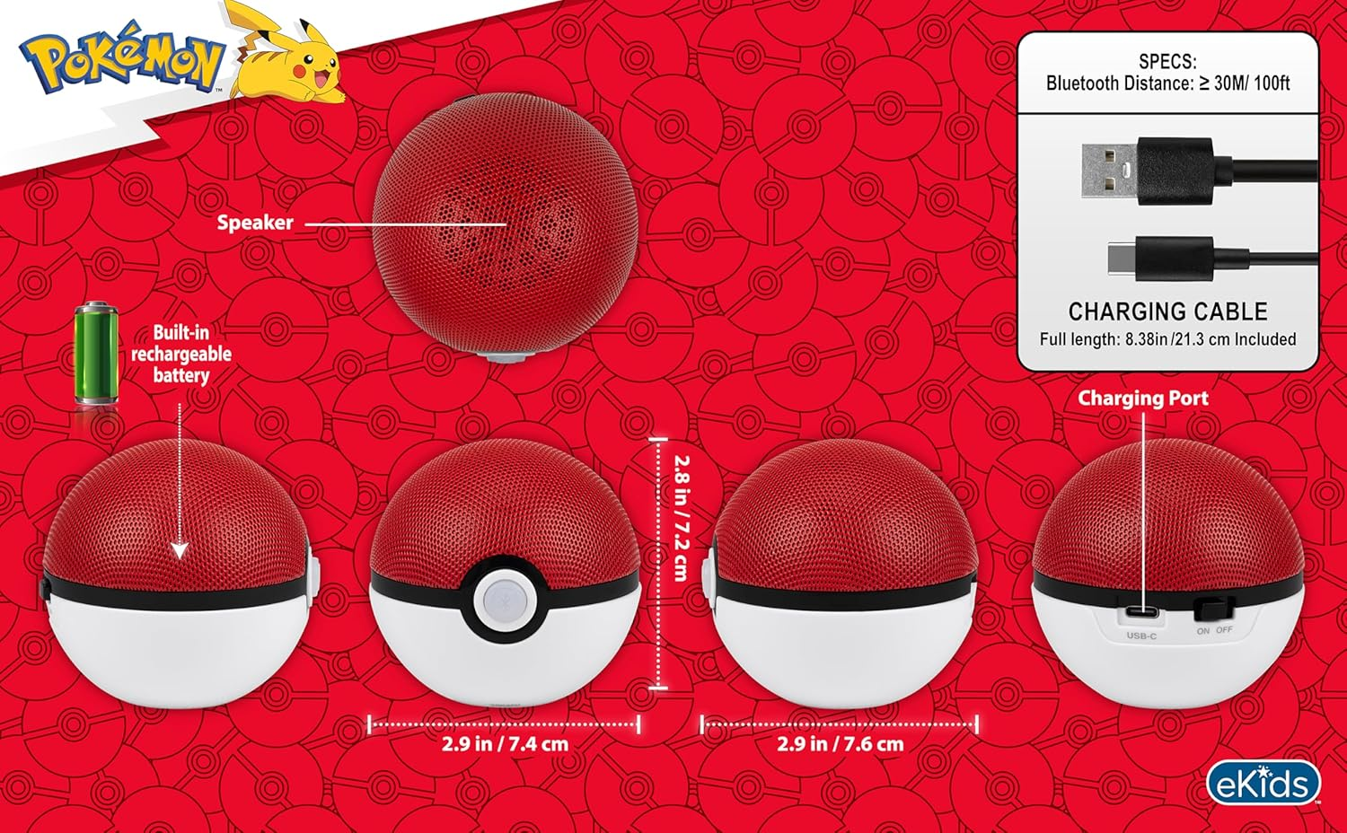 Ekids Pokemon Pokeball Bluetooth Speaker, Wireless Speaker with Rechargeable Battery and USB-C Charging Cable image number 2