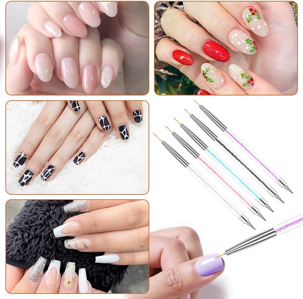 BUTBU Pack of 5 Nail Art Brushes, Double End Nail Art Liner Brush, Nail Design Brush, Painting Art Design Brush Set, Nail Dotting Drawing Tool for Long Lines, Thin Details (Colour Mix)