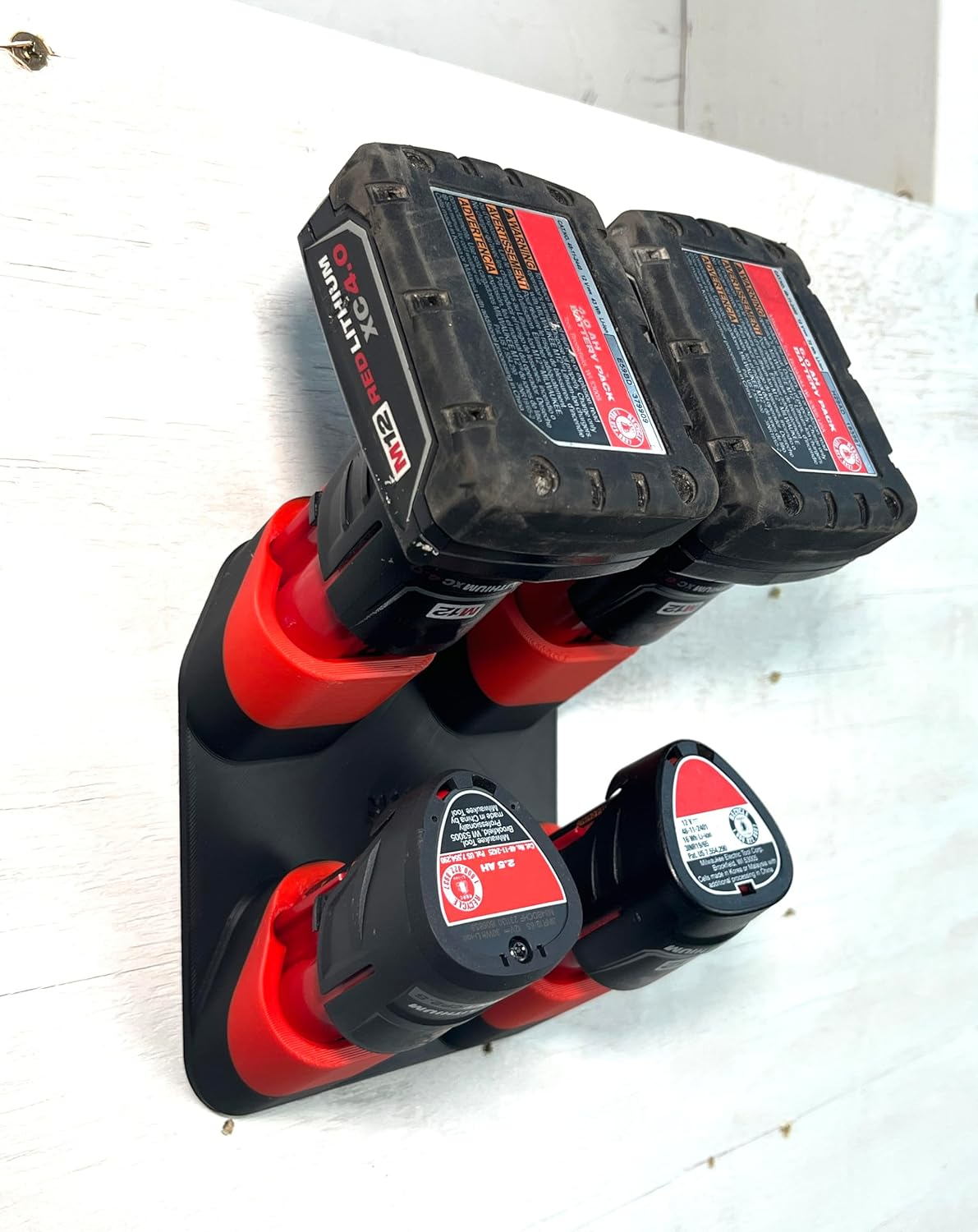 Generic Battery Mount for Milwaukee M12 - Holds 4 Batteries - Wall Mount - Made in USA (Red & Black)
