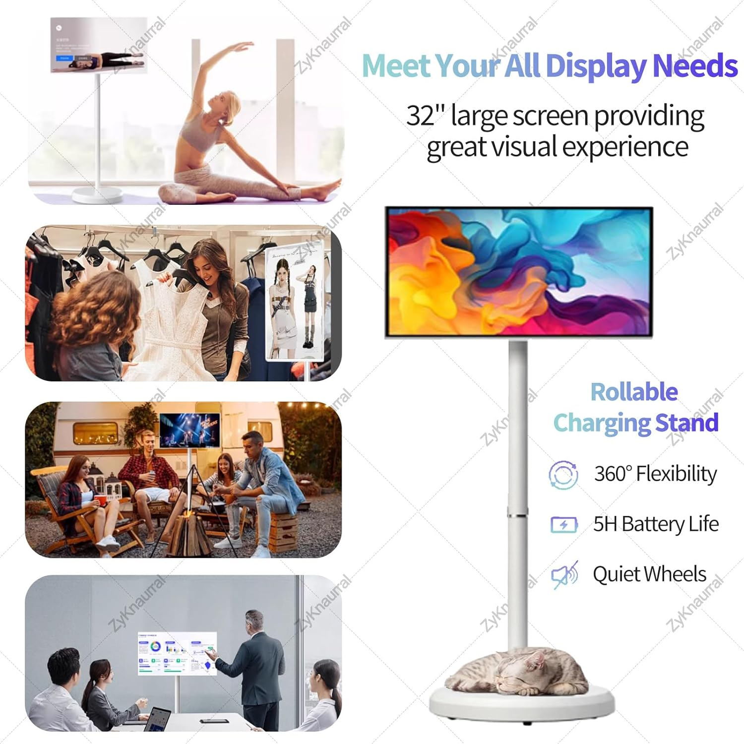 Portable TV on Wheels with Rotating Touchscreen Monitor with Android OS, Rolling Tablet Screen with Base, Built-In 6000Mah Battery, Supports Horizontal and Vertical Screen Display Black-4+64G image number 4