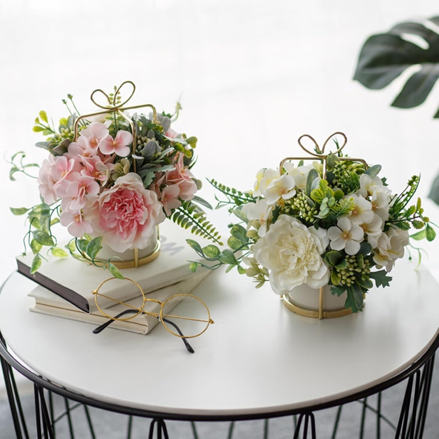 Hbluefat Fake Flowers in Vase, Fake Artificial Flowers with Ceramics Vase, Small Silk Floral Arrangement for Home Office, Coffee Dining Table Centerpiece Decor (Liya Yellow, Gold) image number 1