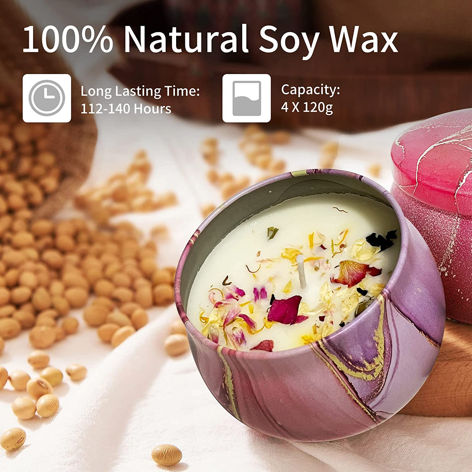 NUFECARG Scented Candles Gifts Set for Women, 120G Soy Wax Portable Travel & Home Tin Jar Candles, Strong Fragrance Aromatherapy Candles with Essential Oils for Bath, Yoga, Pack of 4 image number 3