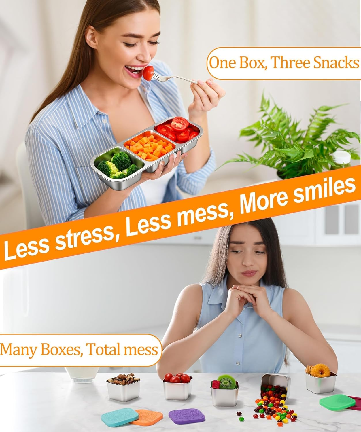 3 Pack Stainless Steel Snack Containers for Kids & Adults, Leek Proof Metal Bento Lunch Box with 3 Compartment Lunchable Container for Daycare, School, Work, Travel Stackable Bento Snack Box (O-3Pack) image number 2