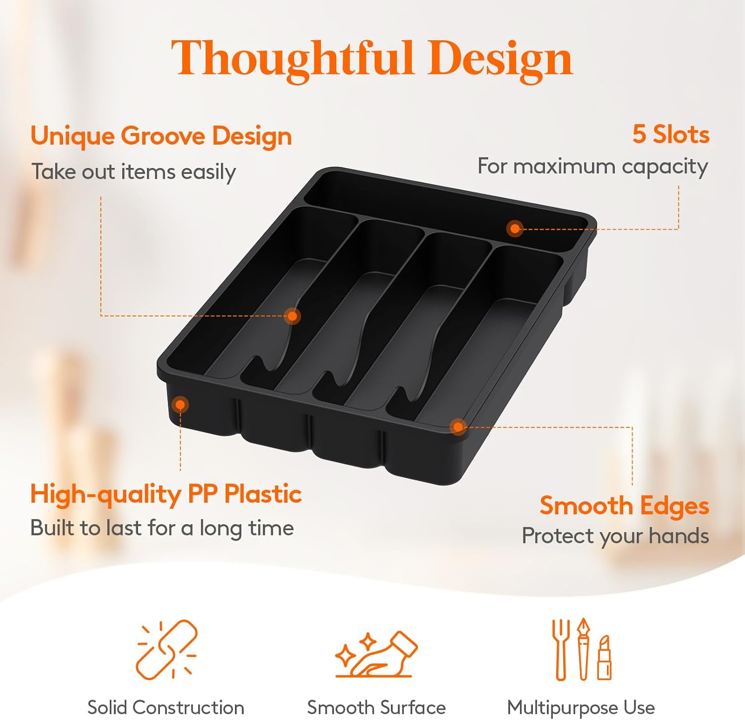 Lifewit Silverware Drawer Organizer Tray, Plastic Cutlery Storage for Kitchen Drawer, Flatware and Utensil Holder Divider for Spoons Forks Knives Tableware, 5 Compartment, Black image number 6