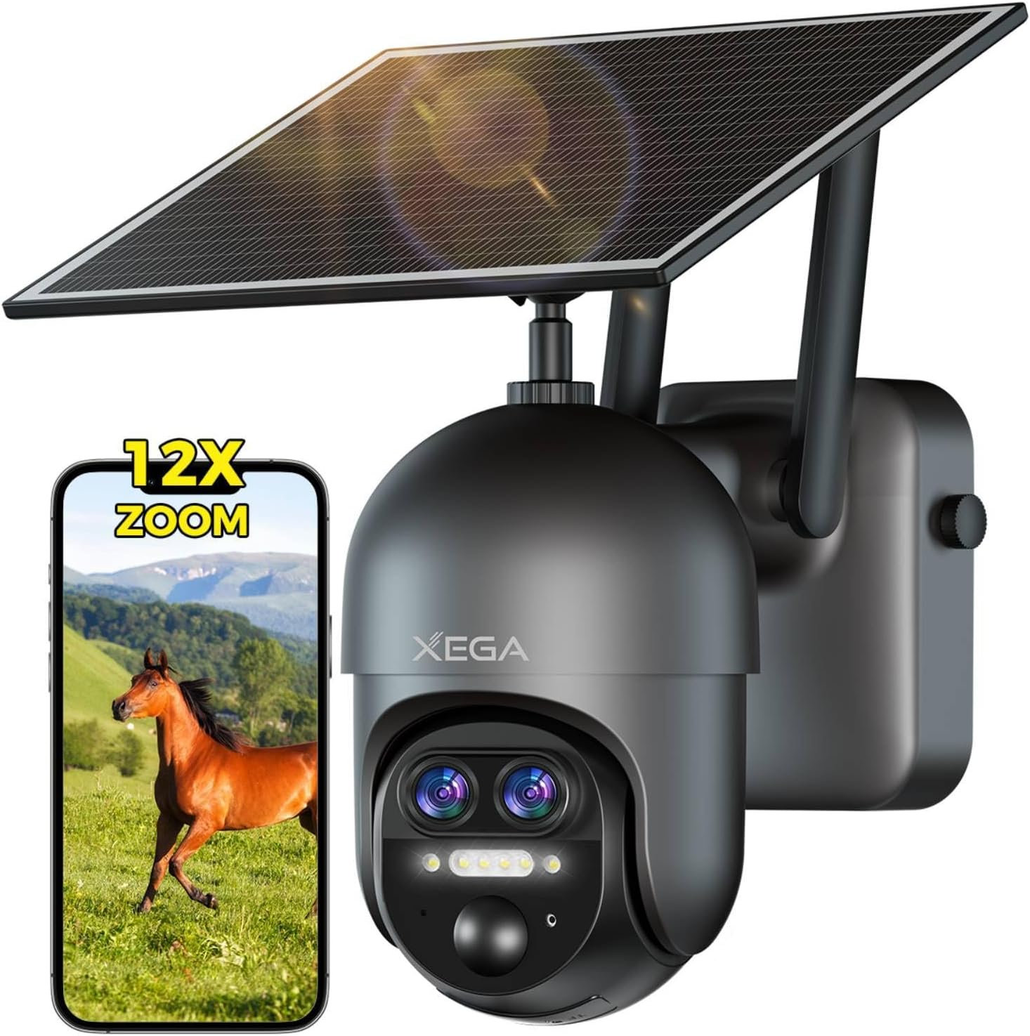 Xega 4G LTE 【Dual Lens】 12X Hybrid Zoom Wireless CCTV Security Camera Outdoor,2K 【Dual-Lens】 PTZ Solar Security Camera with 10,400Mah Battery, Pir/Human Detection,Color Night Vision,Two-Way Talk,Ip66