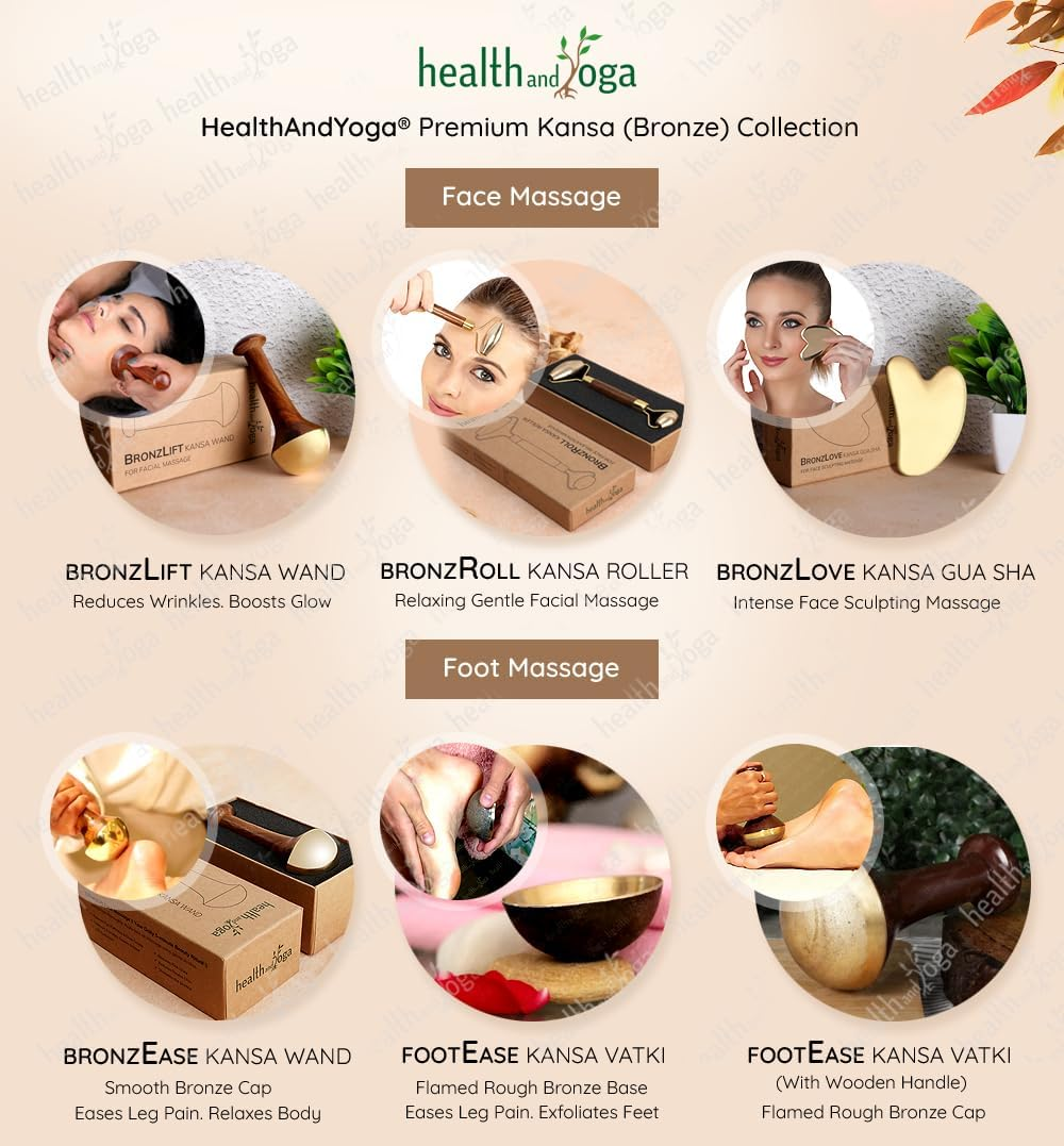 Healthandyoga Bronzroll Kansa Face Roller Fine Wood Grip with Beauty Face Oil - Premium Luster Restoring and Skin Stimulation and Detox Tool - Gentle Soft Tissue Massage Ayurvedic Toning image number 5