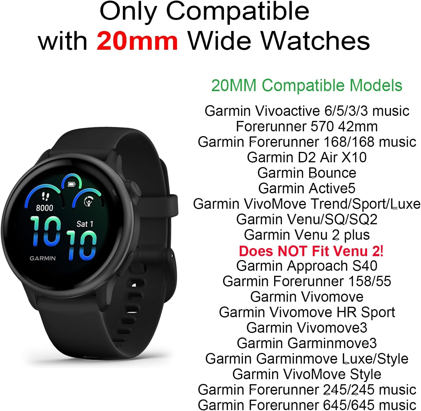 (3 Pack) T Tersely 20Mm Silicone Bands for Garmin Forerunner 55/245/Vivoactive 6/5/3/3 Music, Sport Wristbands for Venu,Venu SQ/SQ2/2 Plus,Approach S50,Vivomove Luxe/Style,Watch Straps for Garmin image number 5