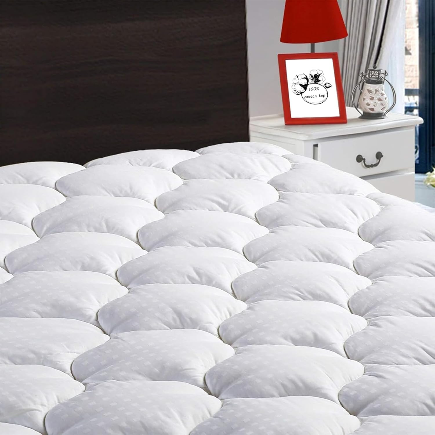 (Full, White) - Overfilled Fitted Mattress Pad Cover(8-21 Deep Pocket)-Cooling Mattress Topper with Snow down Alternative Fill(Full, White) image number 6
