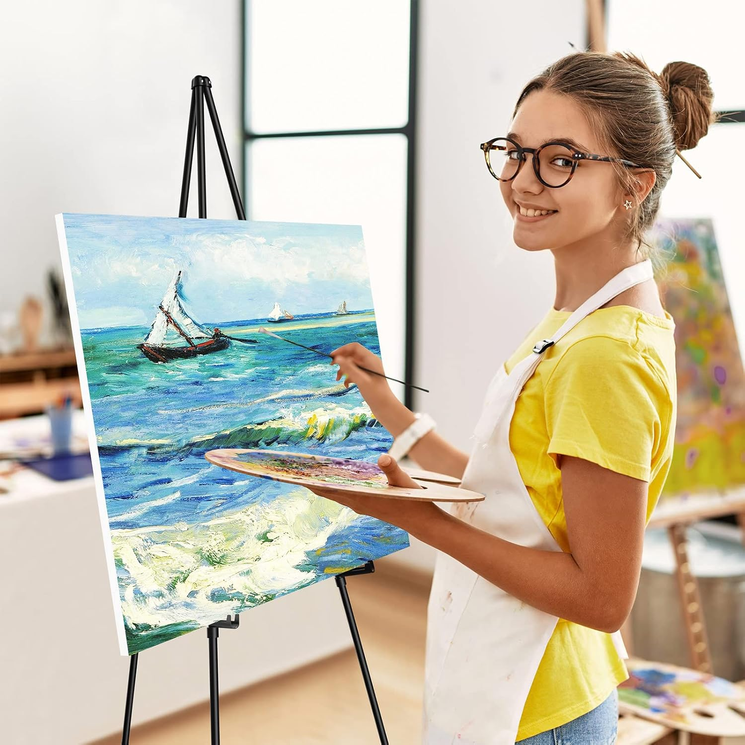 Sunyesyo Display Black Easel Stand for Wedding Sign - Artist Instant Tripod Collapsible Portable Floor Easel for Posters- 63" Adjustable Easy Folding Metal Stand for Display Show, Arts, Painting image number 3